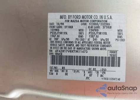 1999 Mazda B3000 Se z USA, uszkodzony, nr VIN 4F4ZR17V8XTM11473